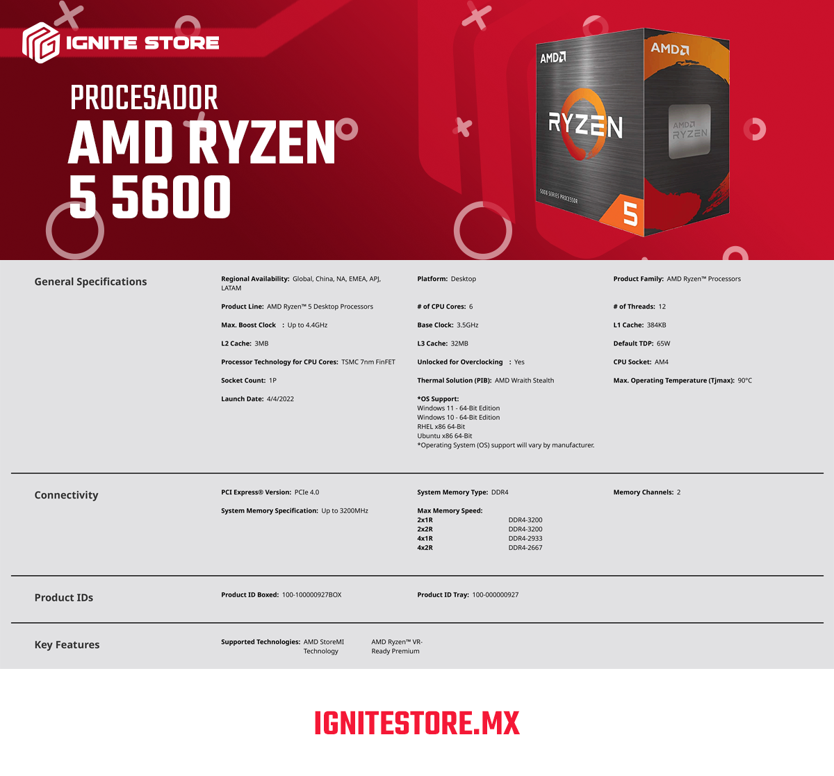 Procesador AMD Ryzen 5 5600 - 6 Núcleos - 12 Hilos - 3.5 GHz - Máx 4.4 GHz - Socket AM4 - Wraith Stealth - Requiere Tarjeta de Video - 100-100000927BOX