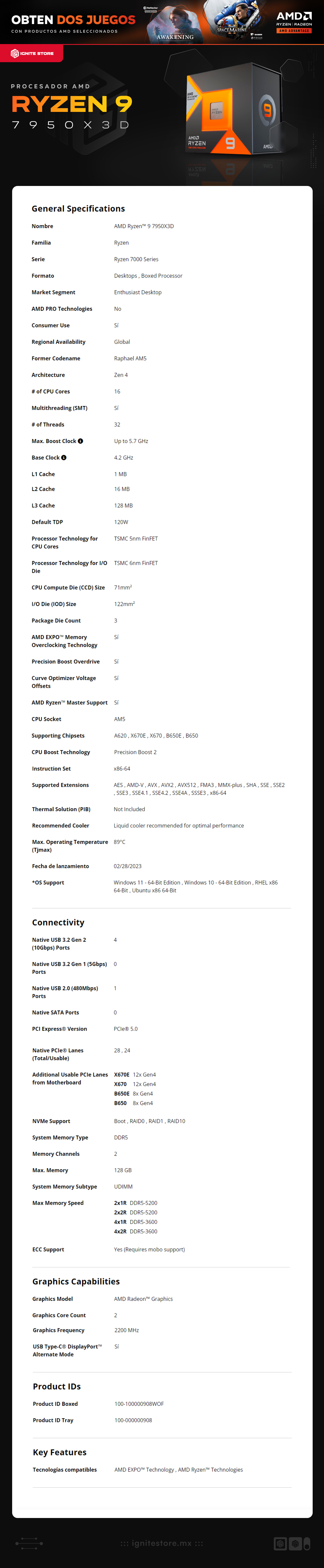 Procesador AMD Ryzen 9 7950X3D | AM5 | 16 núcleos | 32 hilos (requiere disipador) | 4.2 GHz (5.7 GHz Boost) | 100-100000908WOF