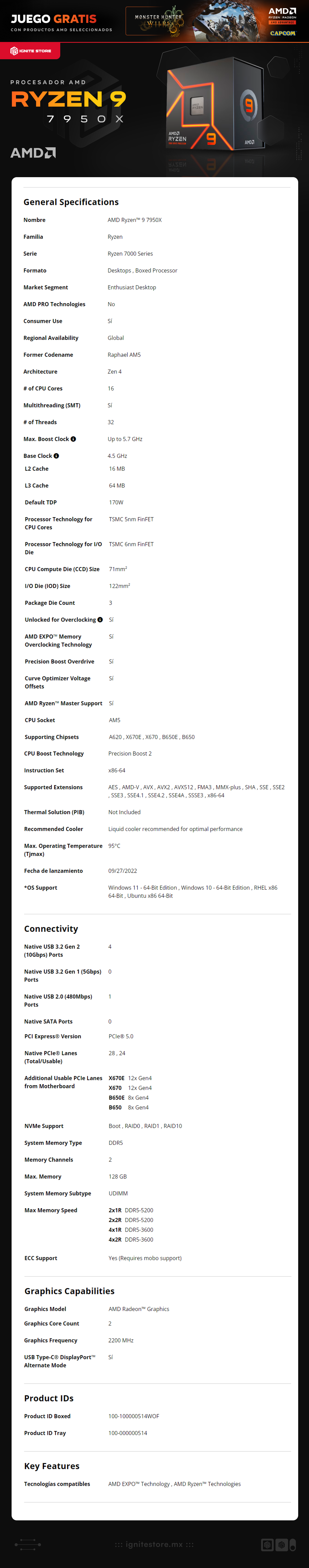 Procesador AMD Ryzen 9 7950X | 16 Núcleos | 32 Hilos | 4.5 GHz / 5.7 GHz (Máx) |  AM5 | AMD Radeon Graphics | (No incluye Disipador) | 100-100000514WOF | AMD Bundle: Obtén Monster Hunter Wilds de Regalo