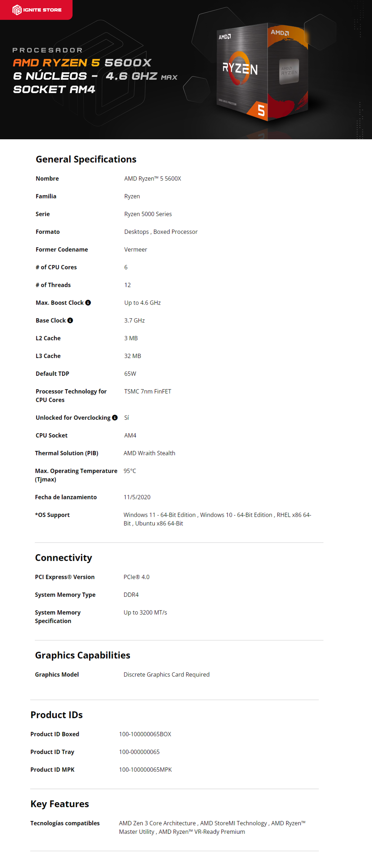 PROCESADOR AMD RYZEN 5 5600X AM4 6 NUCLEOS/12 HILOS (REQUIERE TARJETA DE VIDEO) 3.7Ghz (4.6Ghz BOOST) / 100-100000065BOX