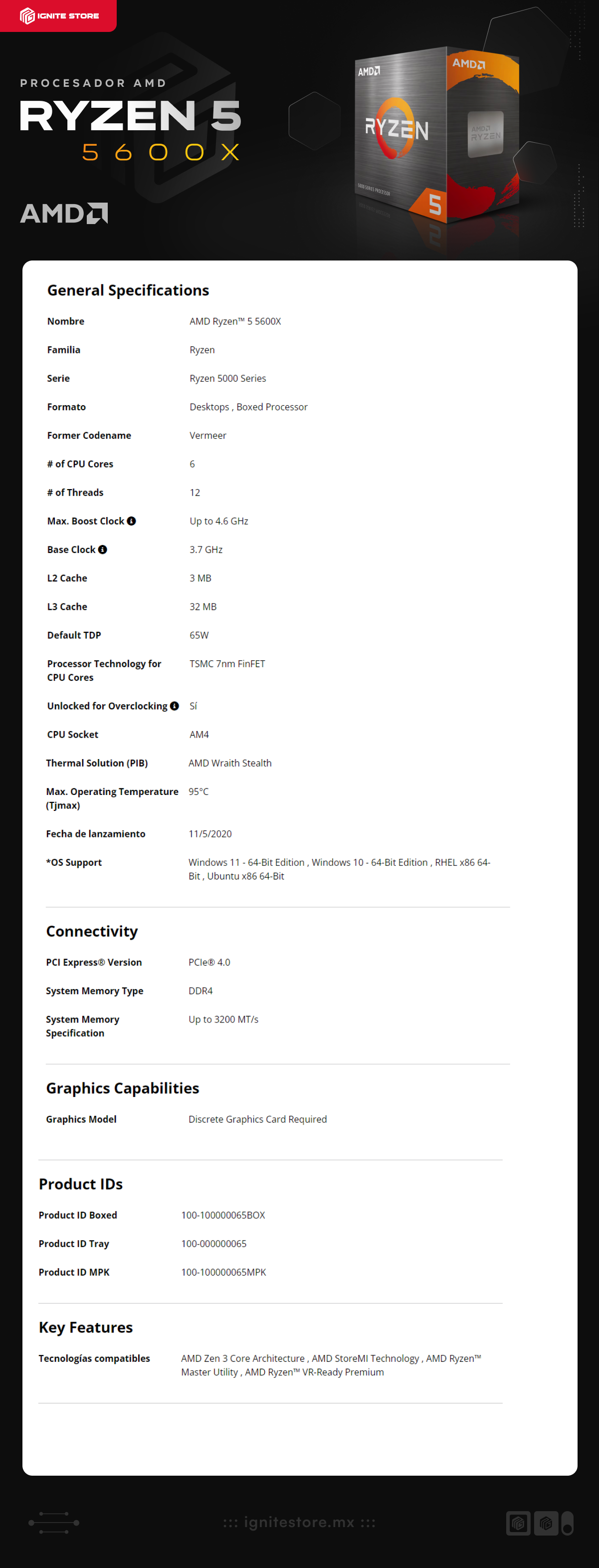 Procesador AMD Ryzen 5 5600X | 6 Núcleos | 12 Hilos |  3.7 GHz / 4.6 GHz (Máx) | AM4 | (Requiere Tarjeta de Video) | 100-100000065BOX