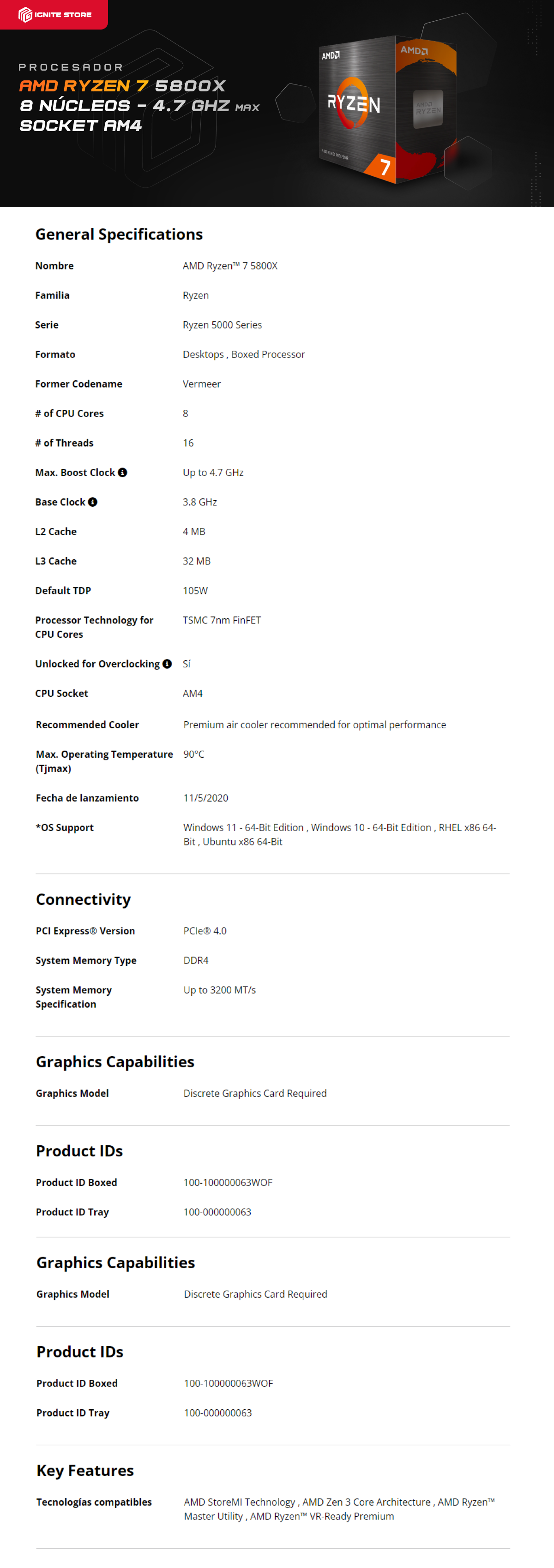 PROCESADOR AMD RYZEN 7 5800X | AM4 | 8 NUCLEOS/16 HILOS | (REQUIERE TARJETA DE VIDEO Y DISIPADOR)  | 3.8Ghz (4.7Ghz BOOST)  | 100-100000063WOF