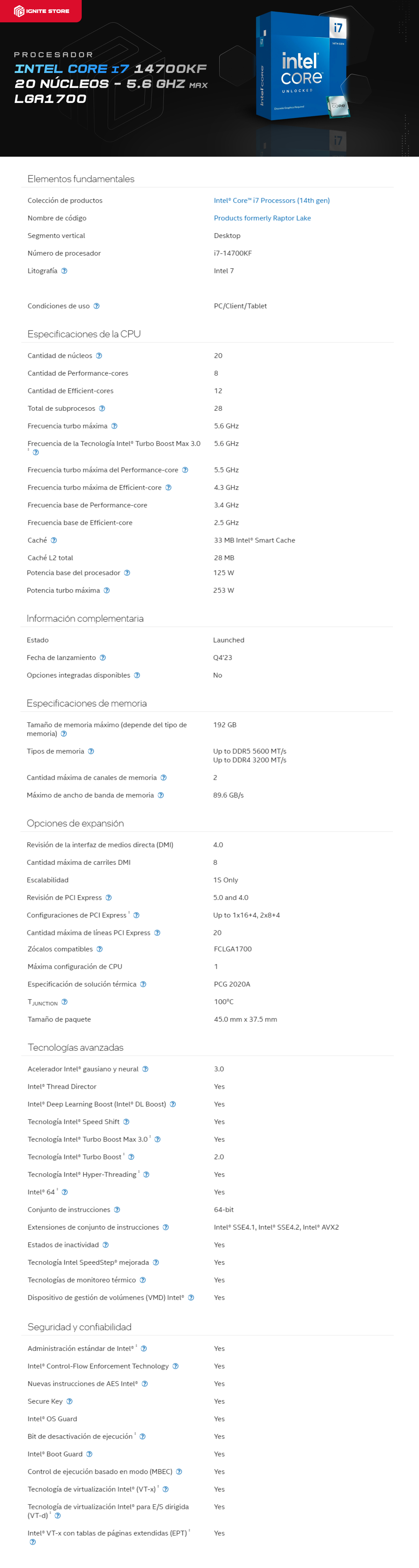 PROCESADOR INTEL CORE i7 14700KF 20 NUCLEOS/28 HILOS LGA1700 (REQUIERE TARJETA DE VIDEO) (REQUIERE DISIPADOR) / BX8071514700KF