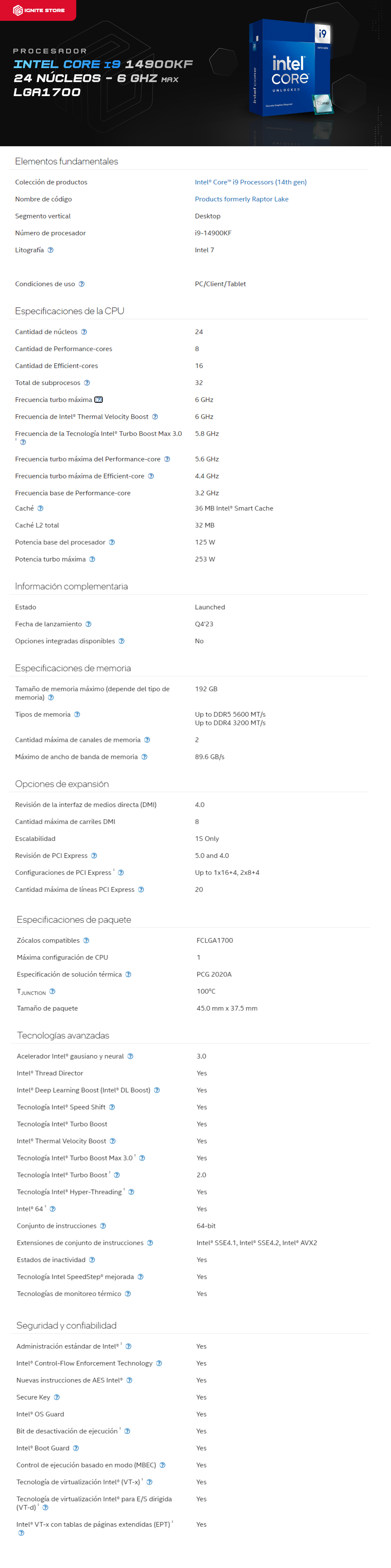 Procesador Intel Core i9-14900KF | 24 Núcleos | 32 Hilos | 3.2 GHz / 6 GHz (Máx) | LGA1700 | (Requiere Tarjeta de Video) | BX8071514900KF