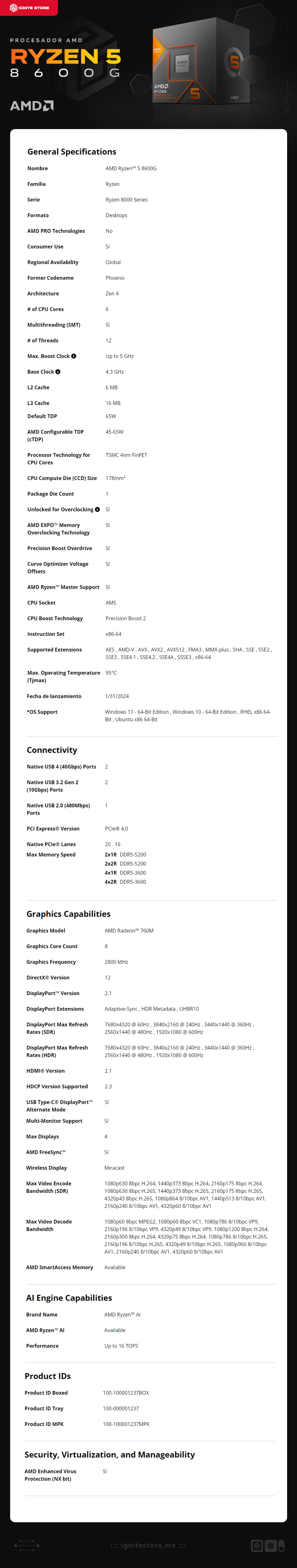 Procesador AMD Ryzen 5 8600G | 6 Núcleos | 12 Hilos |  4.3 GHz / 5 GHz (Máx) |  AM5 |  AMD Radeon 760M | 100-100001237BOX