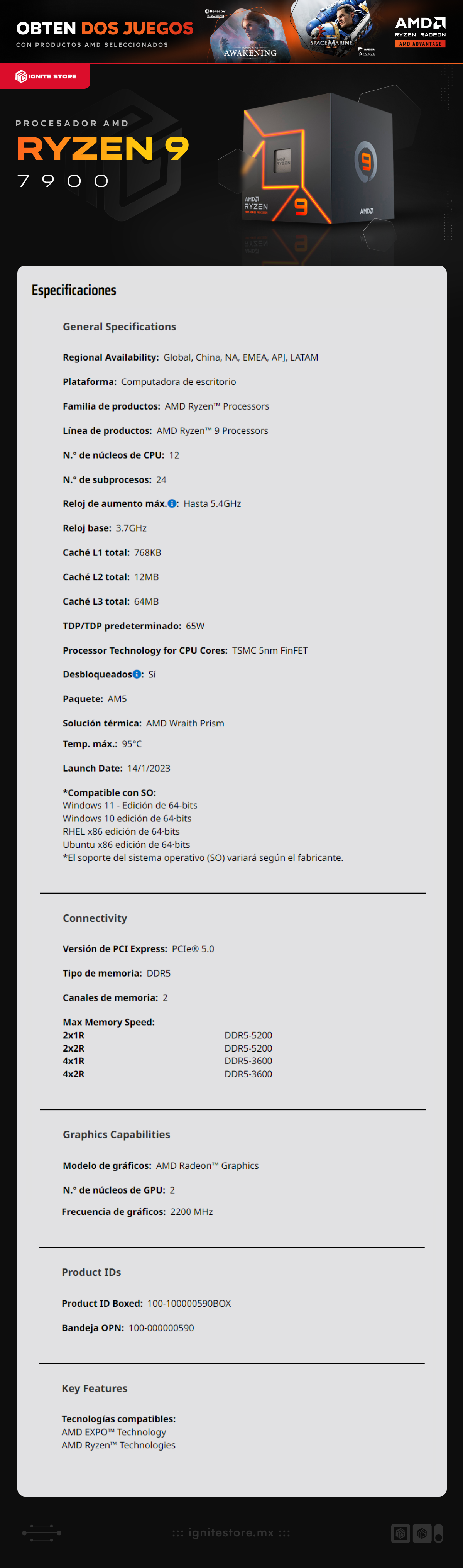 Procesador AMD Ryzen 9 7900 | AM5 | 12 núcleos/24 hilos | 3.7 GHz (5.4 GHz Boost) | 100-100000590BOX