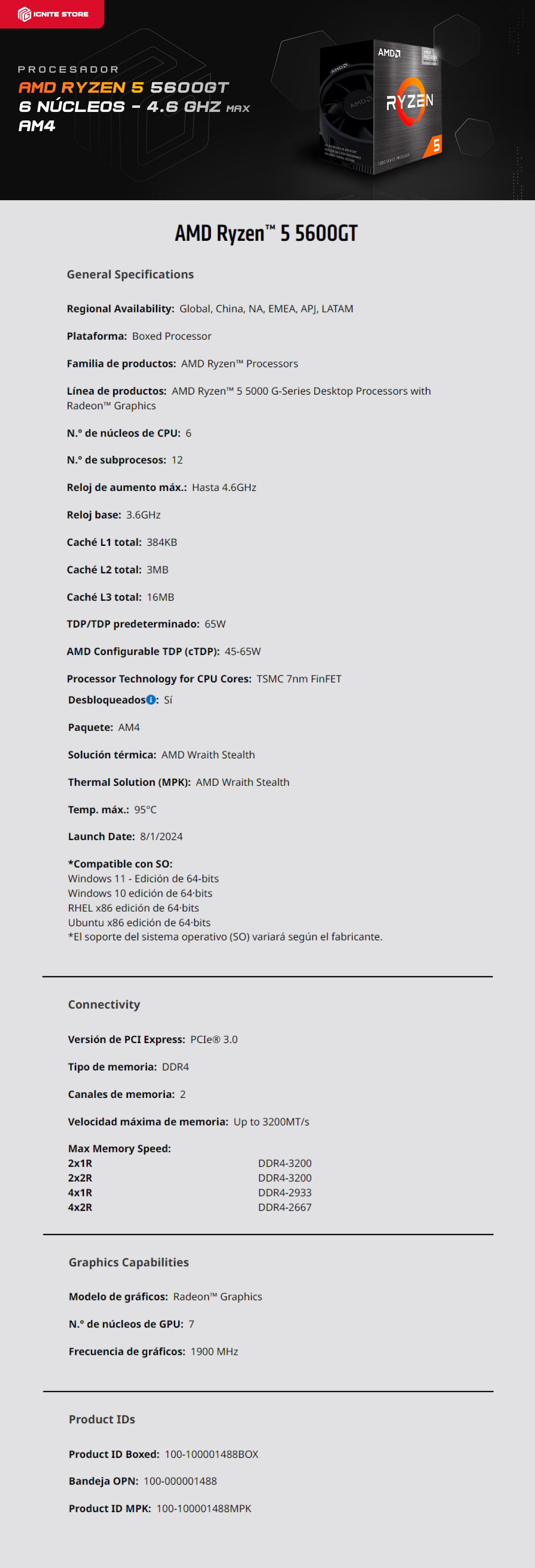 PROCESADOR AMD RYZEN 5 5600GT AM4 6 NUCLEOS/12 HILOS 3.6Ghz (4.6Ghz BOOST) / 100-100001488BOX