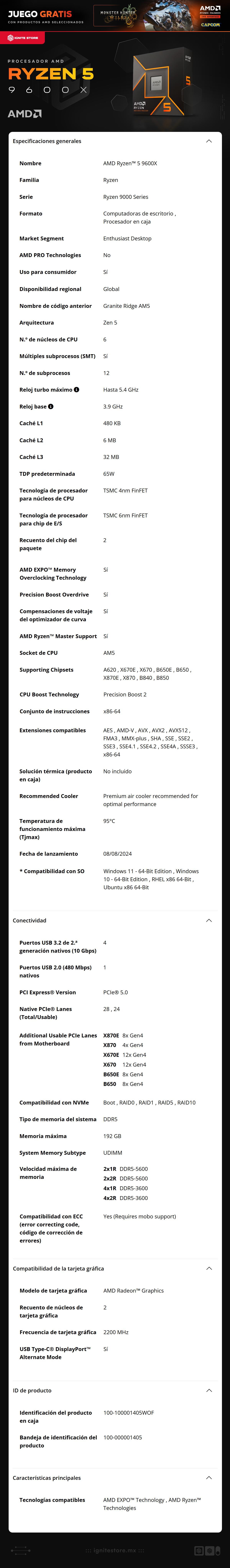 Procesador AMD Ryzen 5 9600X |  AM5 | 3.9 GHz / Hasta 5.4 GHz | 6 Núcleos / 12 Hilos | TDP  65W |  (NO INCLUYE DISIPADOR) | Ryzen 9000 Series | 100-100001405WOF | AMD Bundle: Obtén Monster Hunter Wilds de Regalo