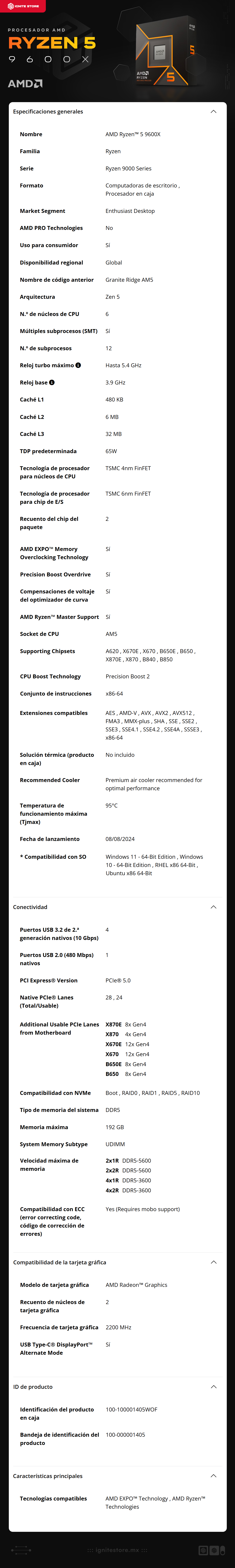 Procesador AMD Ryzen 5 9600X |  AM5 | 3.9 GHz / Hasta 5.4 GHz | 6 Núcleos / 12 Hilos | TDP  65W |  (NO INCLUYE DISIPADOR) | 100-100001405WOF