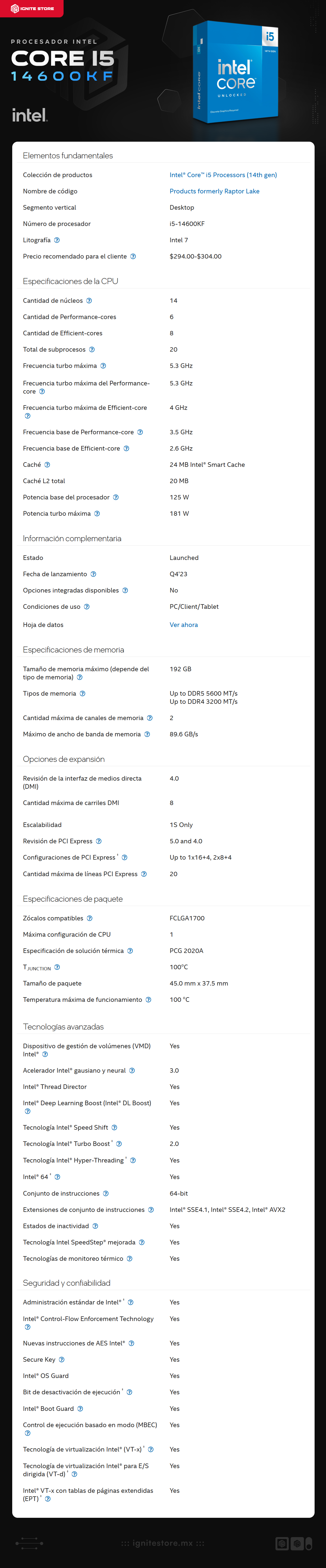 Procesador Intel Core i5-14600KF | 14 núcelos / 6 P-Cores / 8 E-Cores | LGA 1700 | 2.6 GHz (Base) / 5.3 GHz (OC) | Requiere Tarjeta de Video | BX8071514600KF