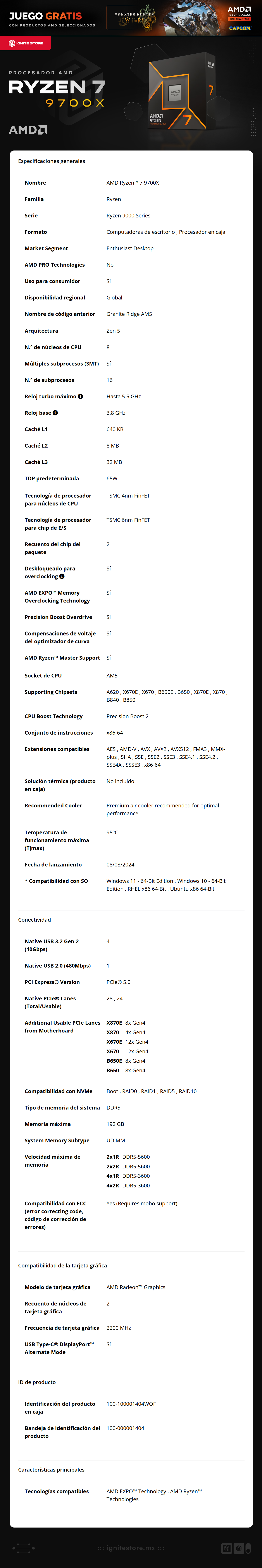 Procesador AMD Ryzen 7 9700X | 8 Núcleos / 16 Hilos | 3.8 GHz / 5.5 GHz Max | Socket AM5 | AMD Radeon Graphics | (NO INCLUYE DISIPADOR) | Ryzen 9000 Series | Ryzen 9000 Series | 100-100001404WOF | AMD Bundle: Obtén Monster Hunter Wilds de Regalo