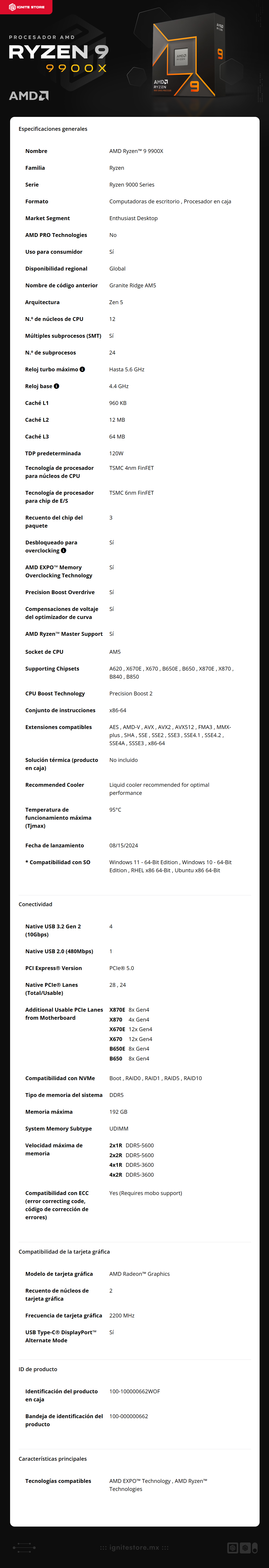 Procesador AMD Ryzen 9 9900X | 12 Núcleos / 24 Hilos | 4.4 GHz / 5.6 GHz Max | Socket AM5 | AMD Radeon Graphics | (NO INCLUYE DISIPADOR) | Ryzen 9000 Series | 100-100000662WOF