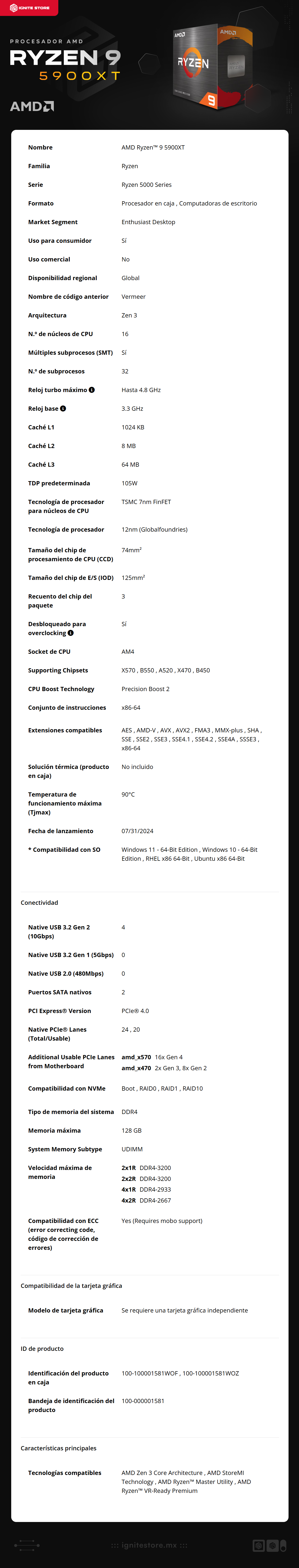 Procesador AMD Ryzen 9 5900XT | 16 Núcleos | 32 Hilos | 3.3 GHz / 4.8 GHz (Máx) | AM4 | (Requiere Tarjeta de Video / No incluye Disipador) | 100-100001581WOF