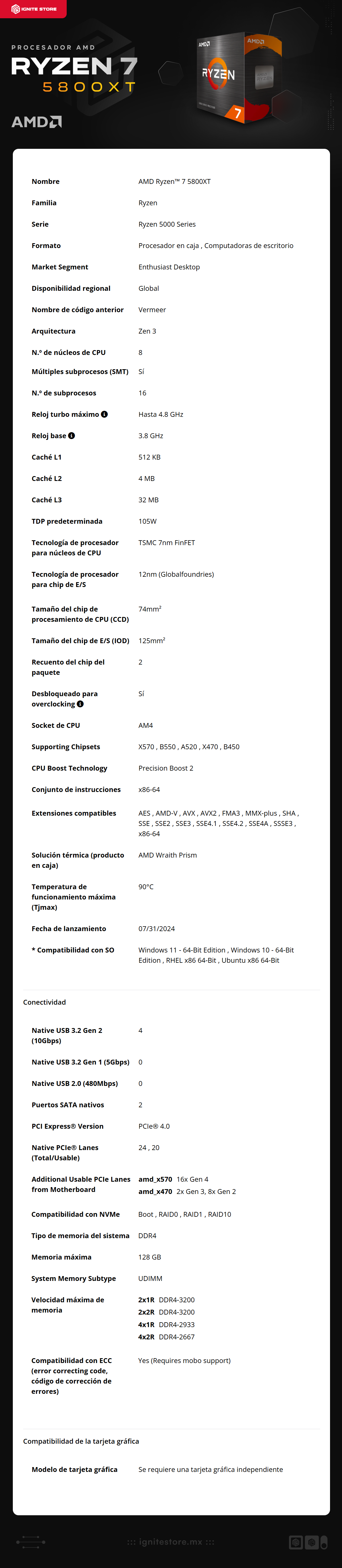 Procesador AMD Ryzen 7 5800XT | AM4 | 8 Núcleos / 16 Hilos | 3.8 Ghz / 4.8 Ghz (Máx) | (Requiere Tarjeta de Video) | 100-100001582BOX