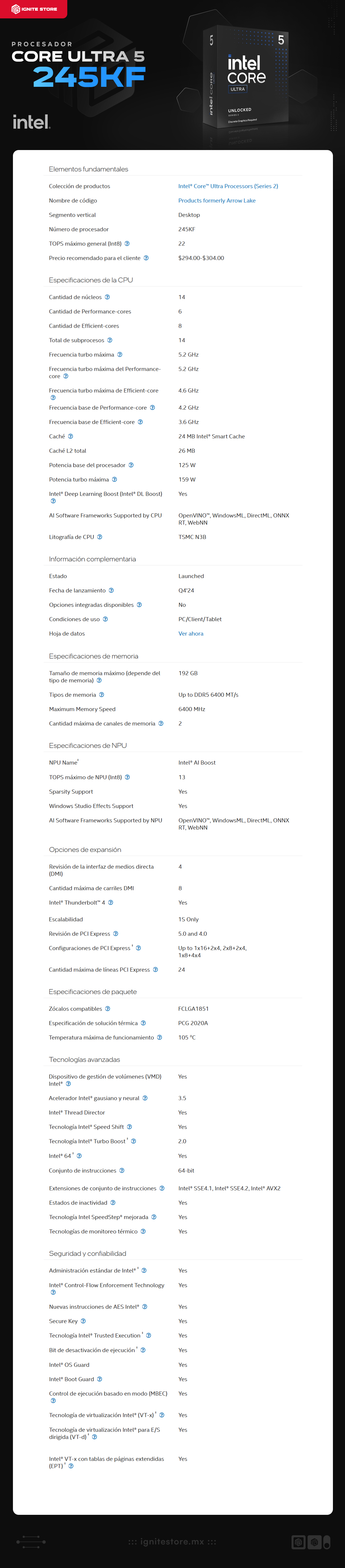 Procesador Intel Core Ultra 5 245KF | 14 Núcleos (6P Cores / 8E Cores) / 14 Hilos | 3.6 GHz / 5.2Ghz (Máx) | 24 MB Intel Smart Cache | LGA1851 | (Requiere tarjeta de Video) | BX80768245KF