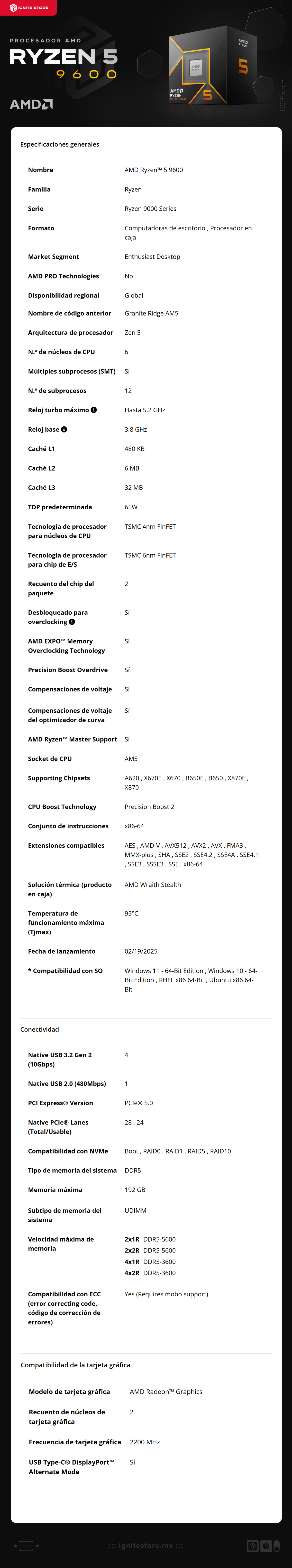 Procesador AMD Ryzen 5 9600 | Hasta 5.2 GHz | 6 Núcleos | 12 Subprocesos | 32 MB Caché | AM5 | Incluye disipador | 100-100000718BOX
