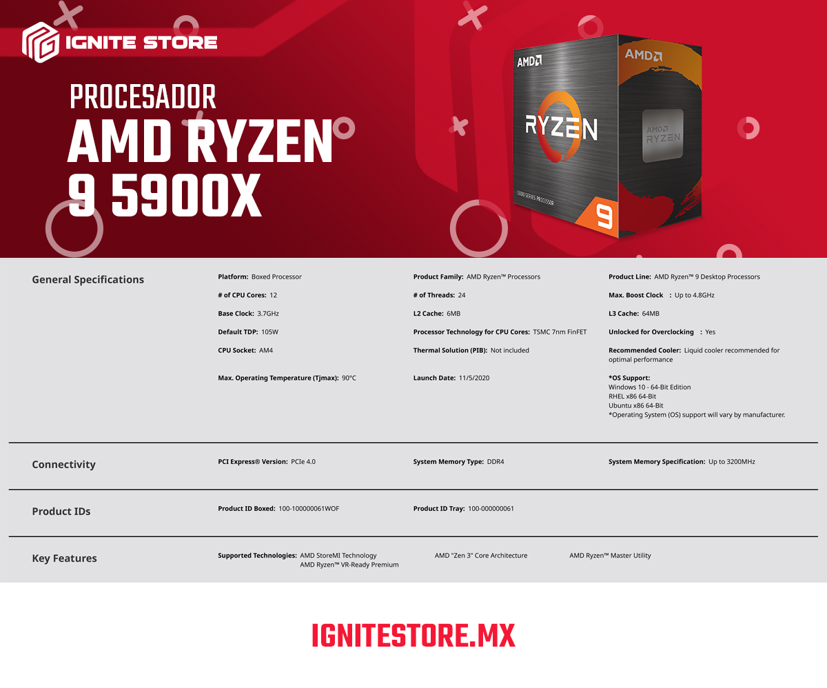 Procesador AMD Ryzen 9 5900X - 12 Núcleos - 3.7 GHz - Socket AM4 - 100-100000061WOF