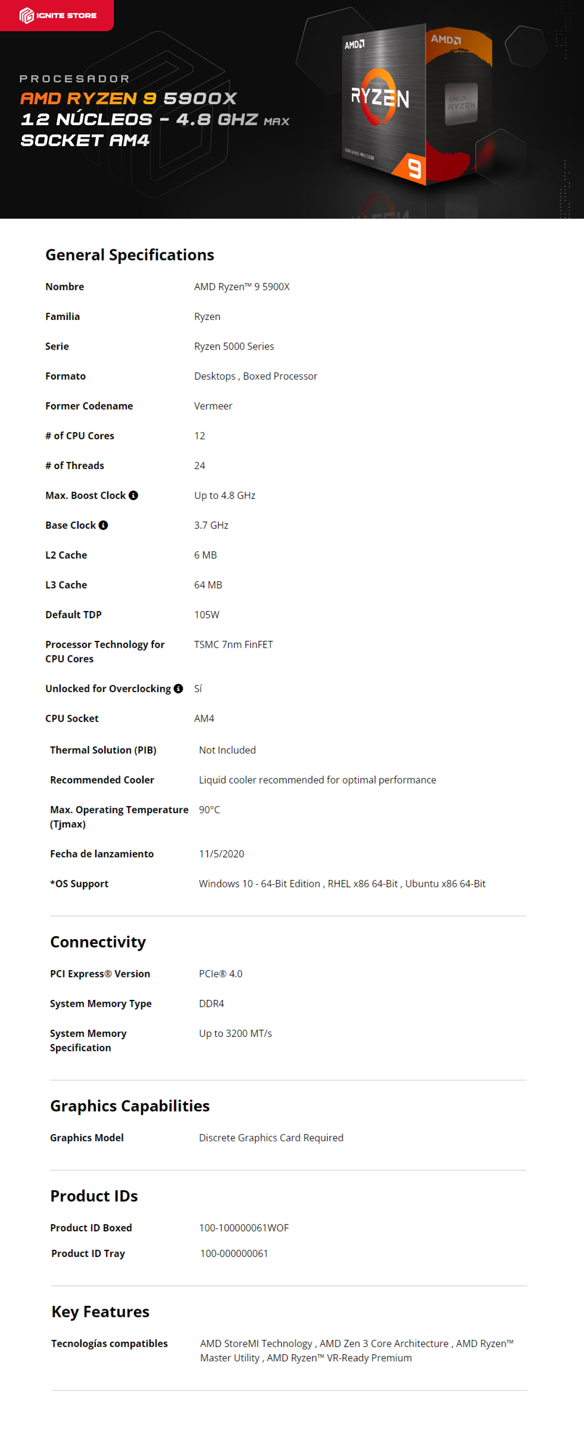 PROCESADOR AMD RYZEN 9 5900X AM4 12 NUCLEOS/24 HILOS (REQUIERE TARJETA DE VIDEO Y DISIPADOR) 3.7Ghz (4.8Ghz BOOST) / 100-100000061WOF