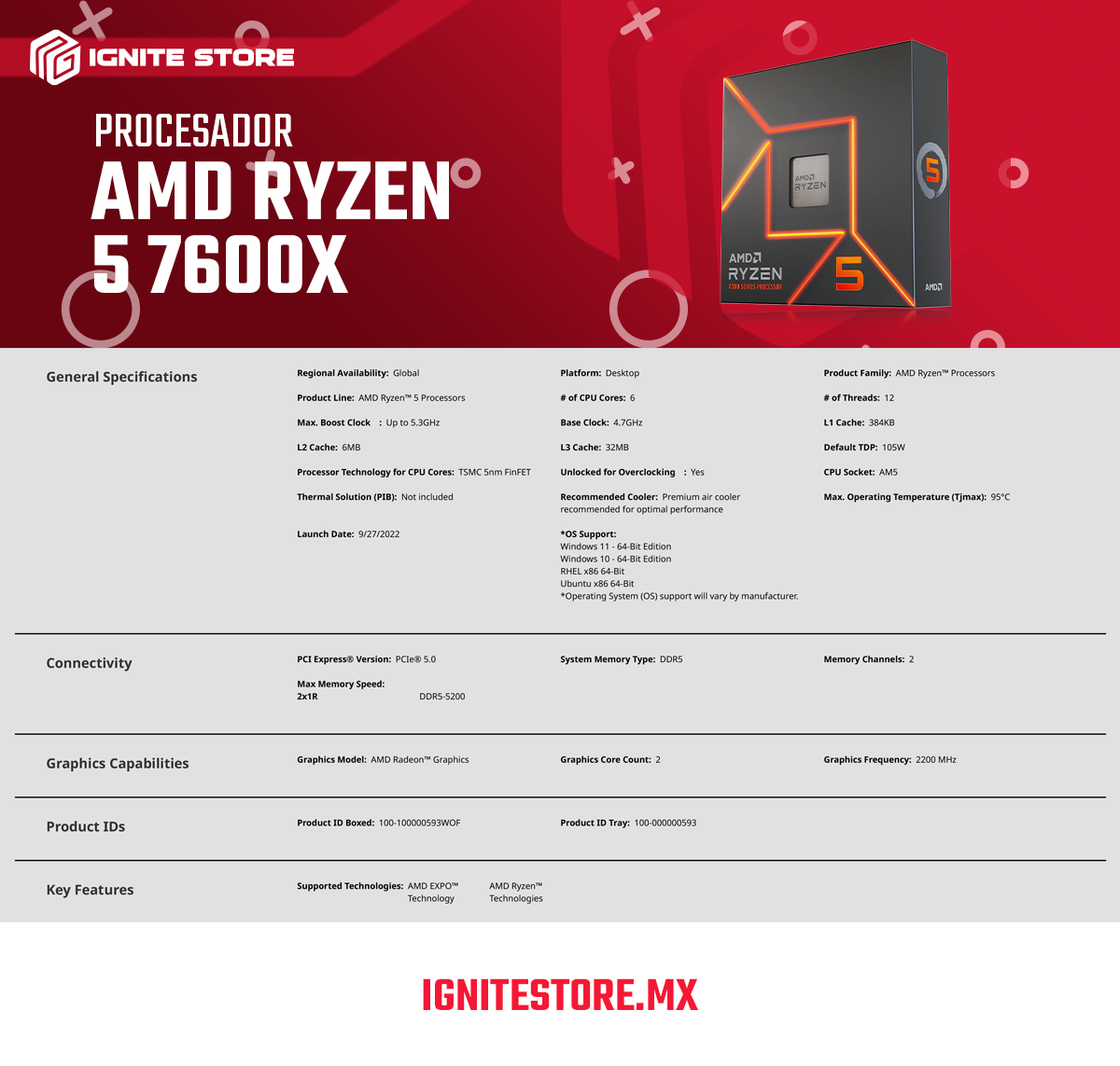 Procesador AMD Ryzen 5 7600X - 6 Núcleos - 12 Hilos - 4.7 GHz - Máx 5.3 GHz - Socket AM5 - Requiere Disipador de Calor - 100-100000593WOF