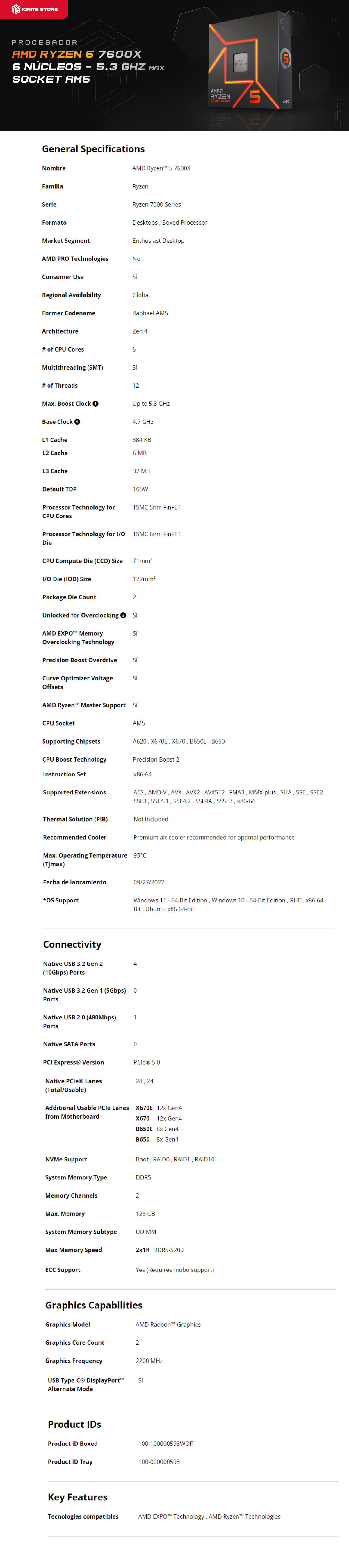 PROCESADOR AMD RYZEN 5 7600X AM5 6 NUCLEOS/12 HILOS (REQUIERE DISIPADOR) 4.7Ghz (5.3Ghz BOOST) / 100-100000593WOF