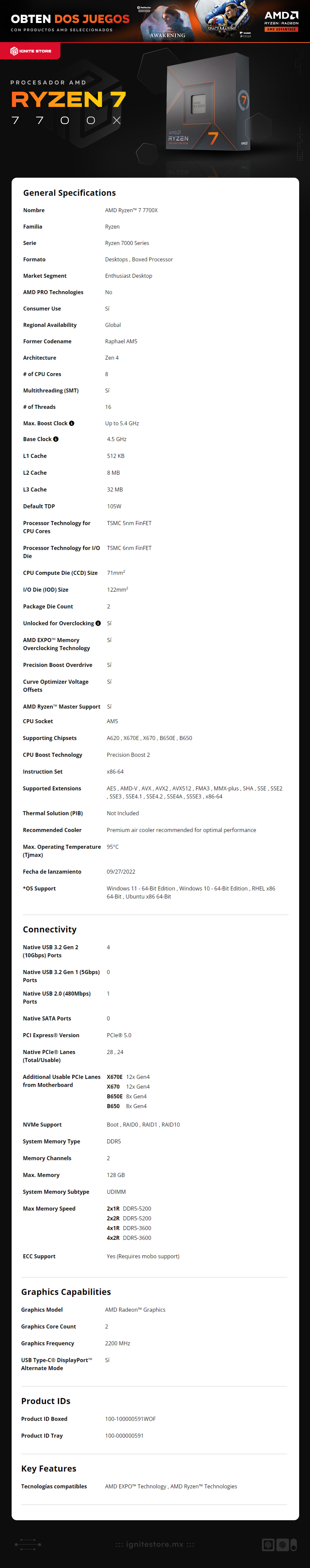 Procesador AMD Ryzen 7 7700X | AM5 | 8 núcleos/16 hilos | Requiere disipador | 4.5 GHz (5.4 GHz Boost) | 100-100000591WOF