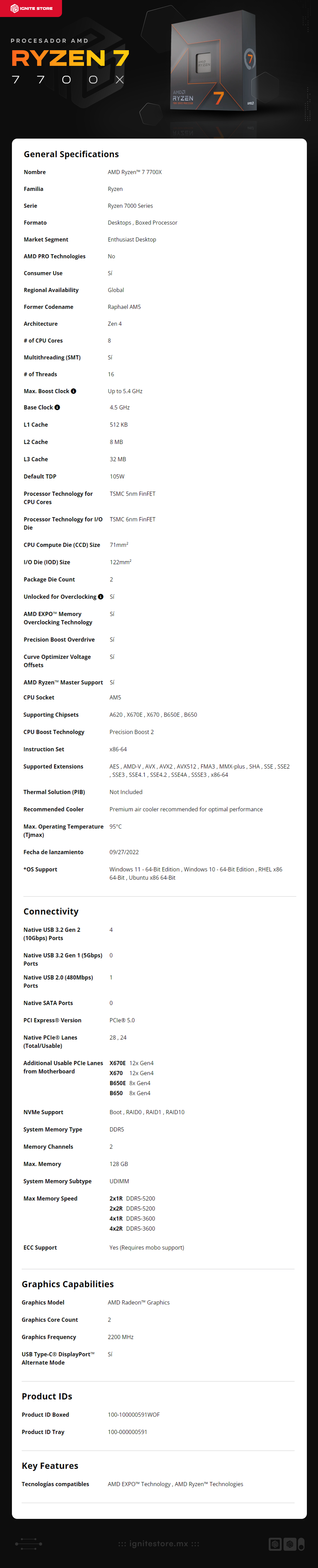 Procesador AMD Ryzen 7 7700X | AM5 | 8 núcleos/16 hilos | Requiere disipador | 4.5 GHz (5.4 GHz Boost) | 100-100000591WOF