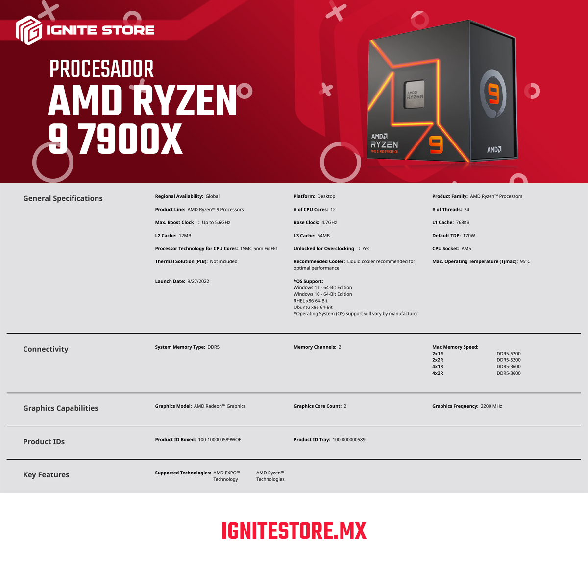 Procesador AMD Ryzen 9 7900X - 12 Núcleos - 24 Hilos - 4.7 GHz - Máx 5.6 GHz - Socket AM5 - Requiere Disipador de Calor - 100-100000589WOF