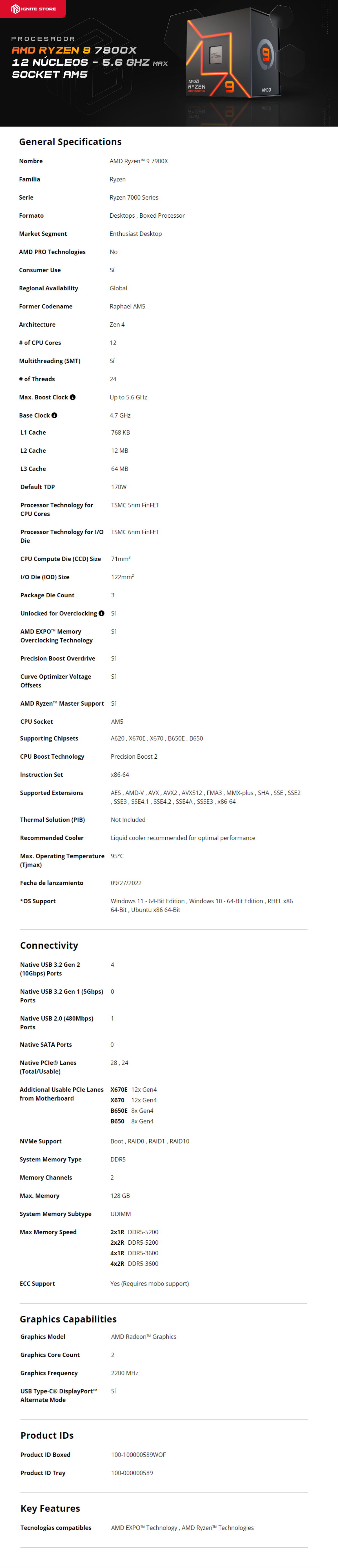 PROCESADOR AMD RYZEN 9 7900X AM5 12 NUCLEOS/24 HILOS (REQUIERE DISIPADOR) 4.7Ghz (5.6Ghz BOOST) / 100-100000589WOF