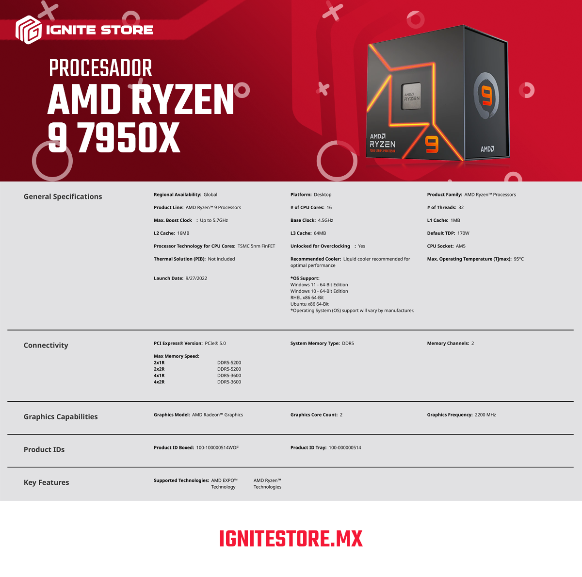 Procesador AMD Ryzen 9 7950X - 16 Núcleos - 32 Hilos - 4.5 GHz - Máx 5.7 GHz - Socket AM5 - Requiere Disipador de Calor - 100-100000514WOF