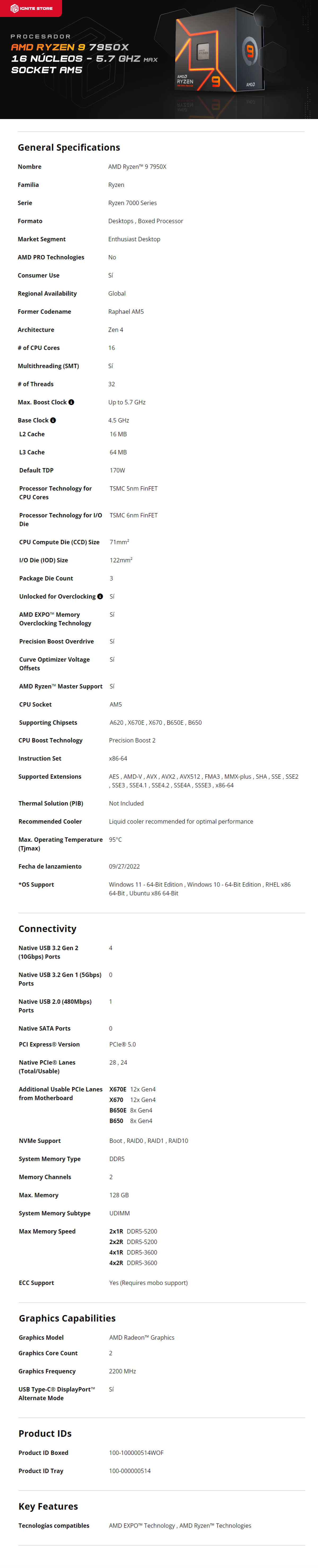 PROCESADOR AMD RYZEN 9 7950X AM5 16 NUCLEOS/32 HILOS (REQUIERE DISIPADOR) 4.5Ghz (5.7Ghz BOOST) / 100-100000514WOF