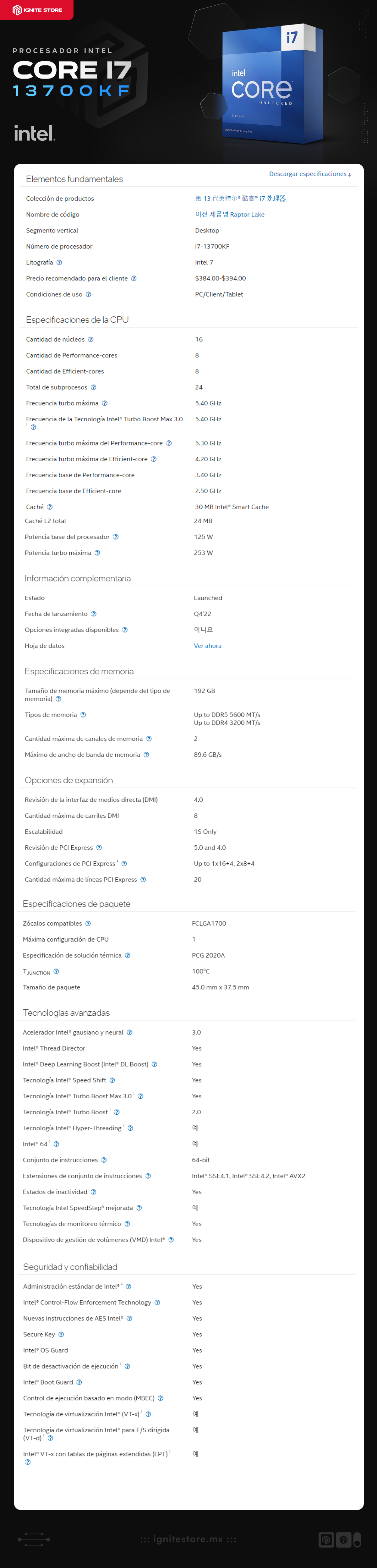 Procesador Intel Core i7-13700KF | 16 Núcleos | 24 Hilos | 3.40 GHz / 5.30 GHz (Máx) | LGA1700 | (Requiere tarjeta de Video) | BX8071513700KF