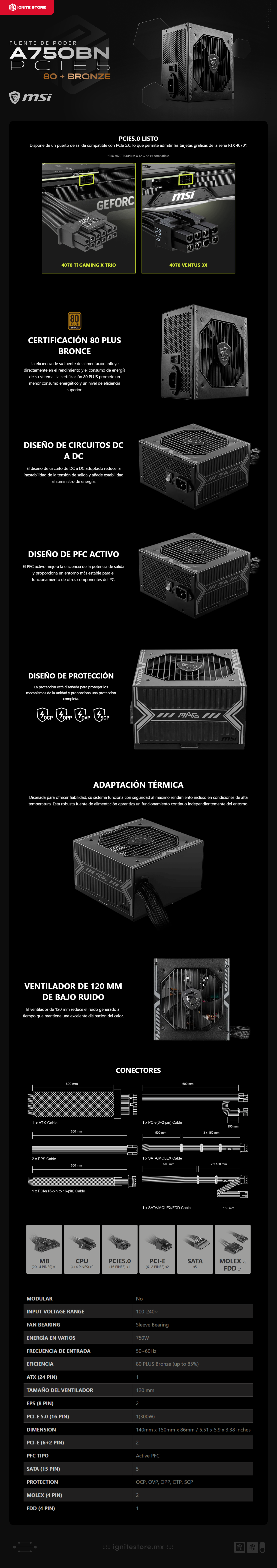 Fuente de Poder MSI MAG A750BN PCIE5 | 750W | 80 PLUS Bronze | 24-pin ATX | 150 mm | Negro | MAG A750BN PCIE5