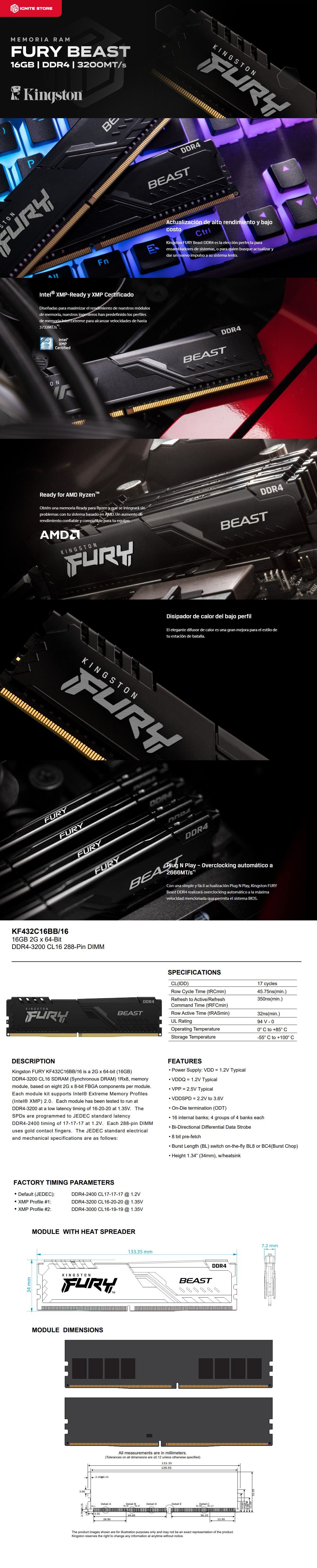 MEMORIA RAM DDR4 16GB 3200MT/s KINGSTON FURY BEAST | KF432C16BB/16