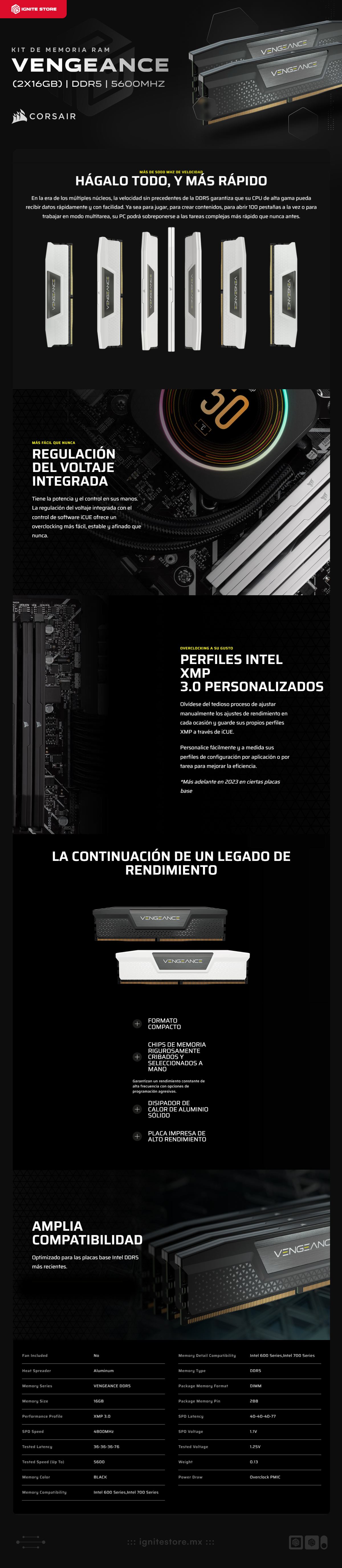 Kit de Memoria RAM DDR5 32GB (16GB x 2) | 5600Mhz | CL36 | Intel XMP | Corsair Vengeance | CMK32GX5M2B5600C36