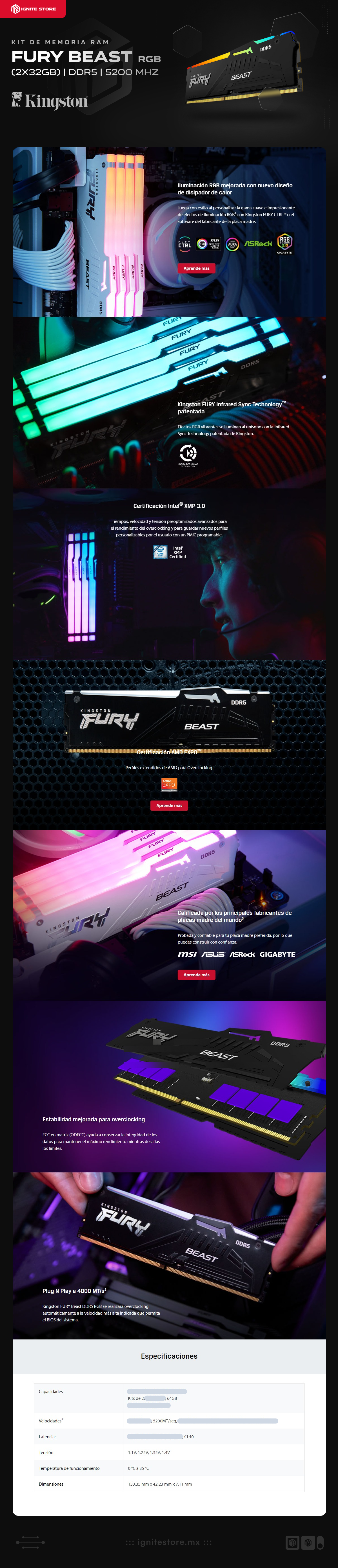 Kit de Memoria RAM DDR5 | 64Gb (2 x 32GB) | 5200Mhz | CL40 | Kingston Fury Beast | KF552C40BBAK2-64