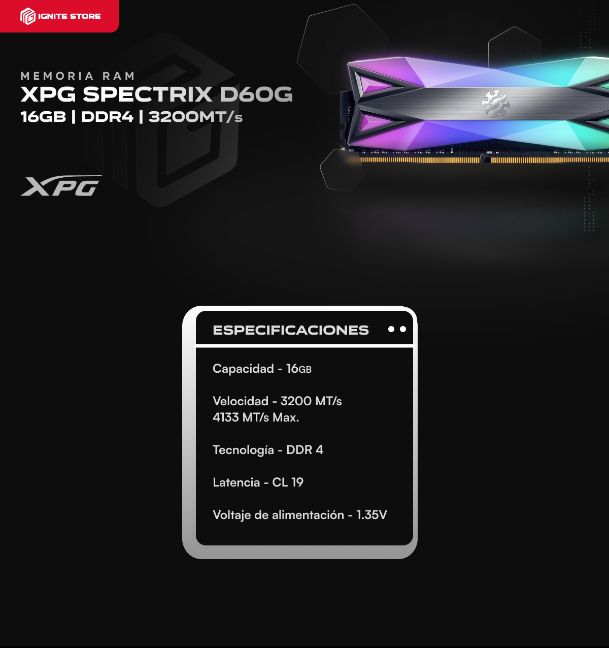 MEMORIA RAM DDR4 16GB 3200MT/s ADATA XPG SPECTRIX D60G TITANIO | AX4U320016G16A-ST60