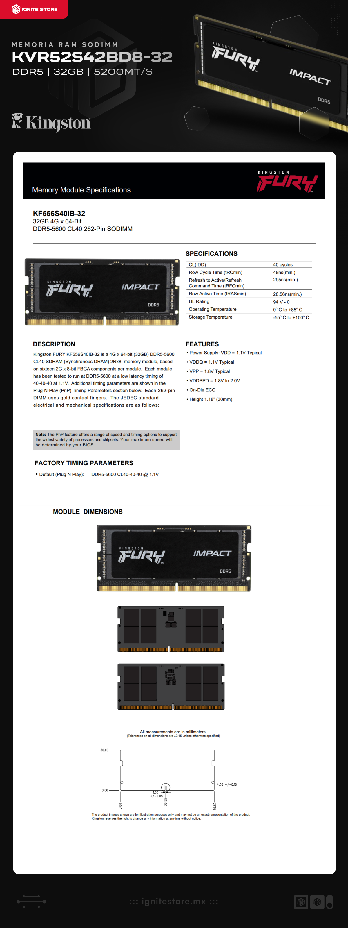 Memoria RAM SODIMM | DDR5 | 32GB | 5600MT/s | CL40 | Kingston Fury Impact | KF556S40IB-32