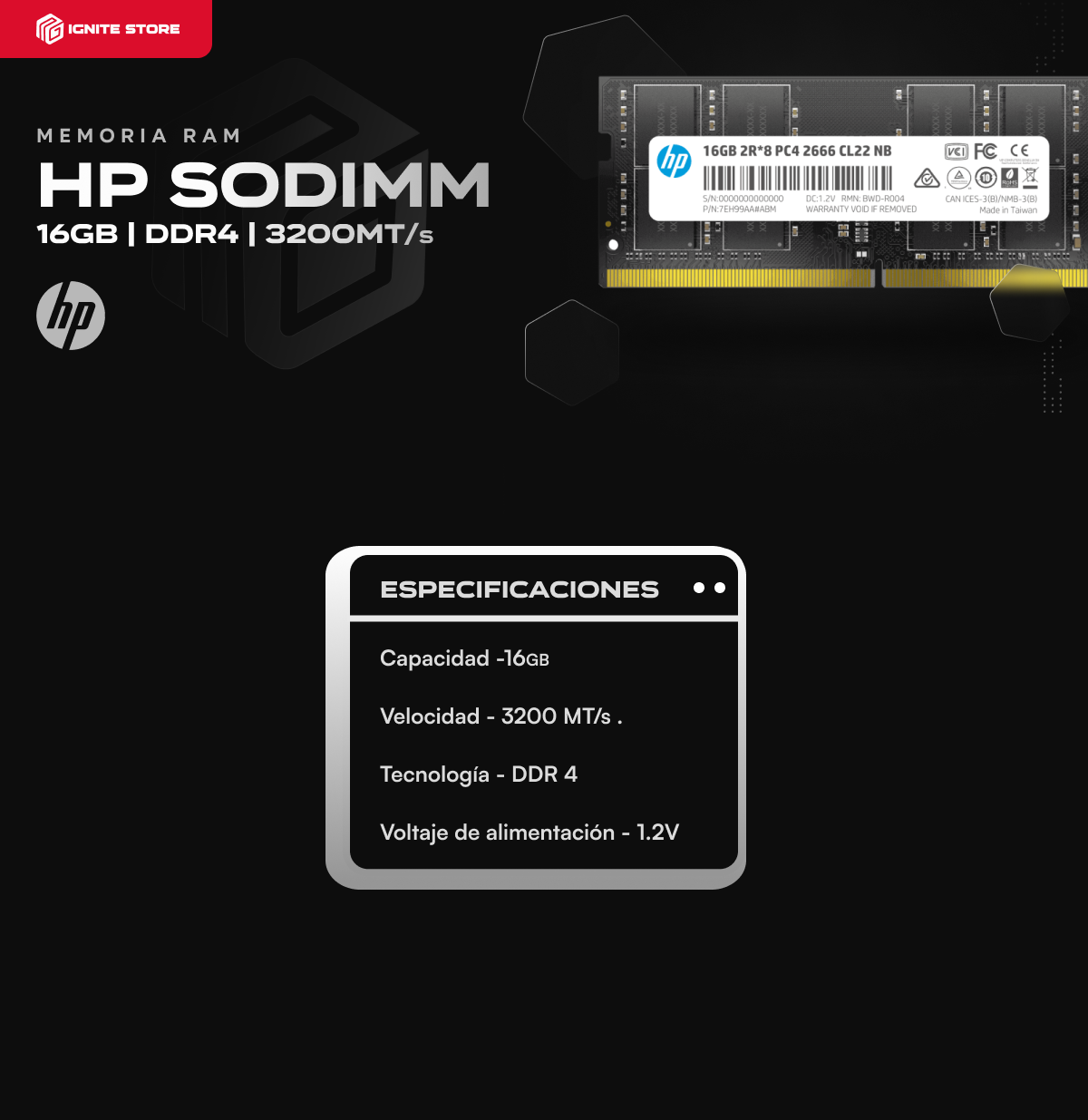 MEMORIA RAM SODIMM | DDR4 | 16GB | 3200MT/s | HP S1 | 2E2M7AA#ABB