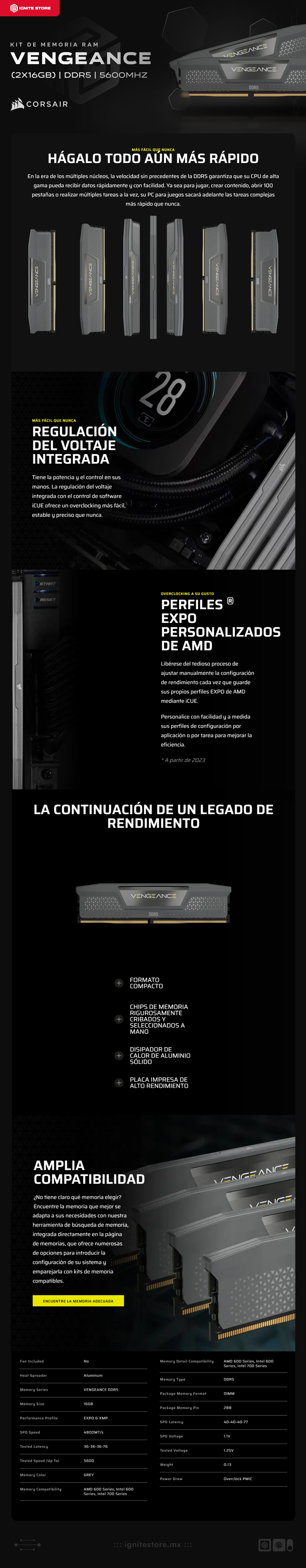 Kit de Memoria RAM DDR5 32GB (16GB x 2) | CL36 | AMD EXPO | 5600MHz | Corsair Vengeance | CMK32GX5M2B5600Z36