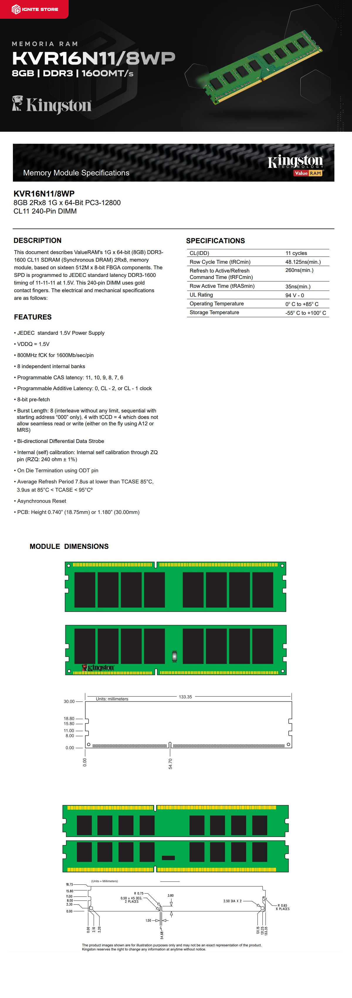 Memoria RAM DDR3 | 8GB | 1600 Mhz | CL11 | DIMM | Kingston ValueRAM | KVR16N11/8WP