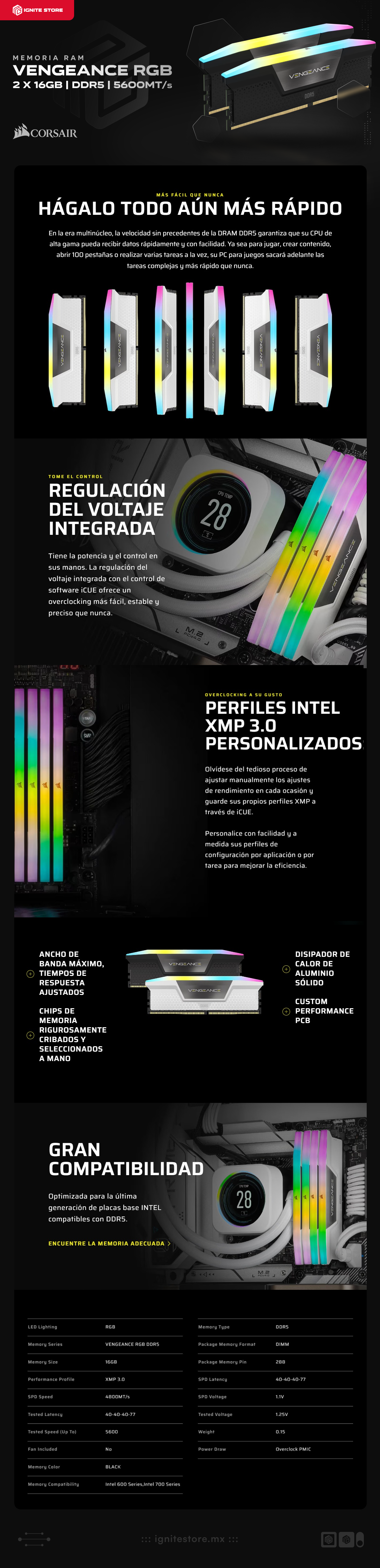 Kit Memoria RAM Corsair VENGEANCE RGB de 32GB  (2 x 16GB) | DDR5 | 5600MHz | CL40 |  XMP | CMH32GX5M2B5600Z40