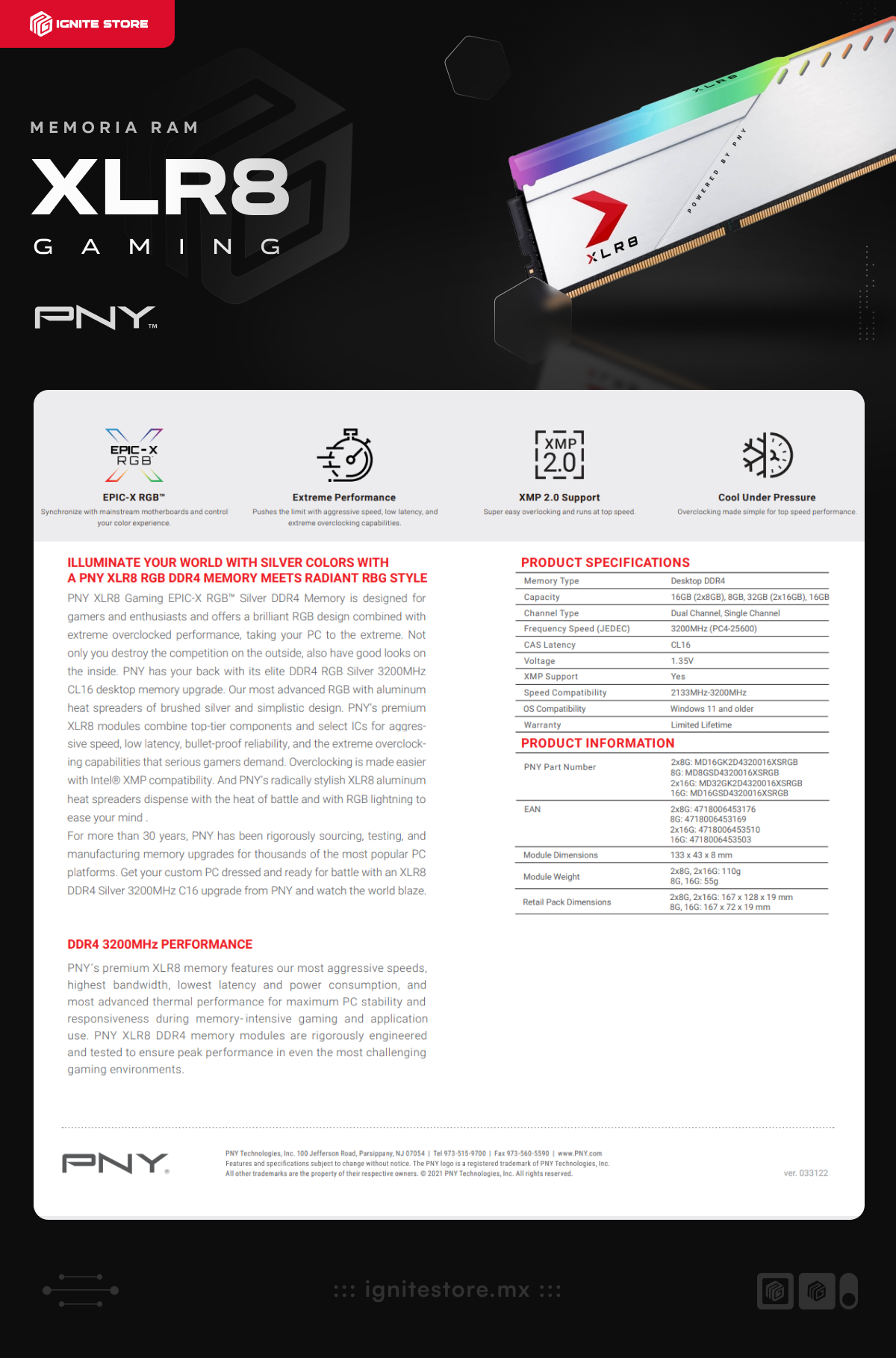 Memoria RAM DDR4 | 8GB | 3200MHz | CL16 | PNY XLR8 Gaming EPIC-X RGB | MD8GSD4320016XSRGB 