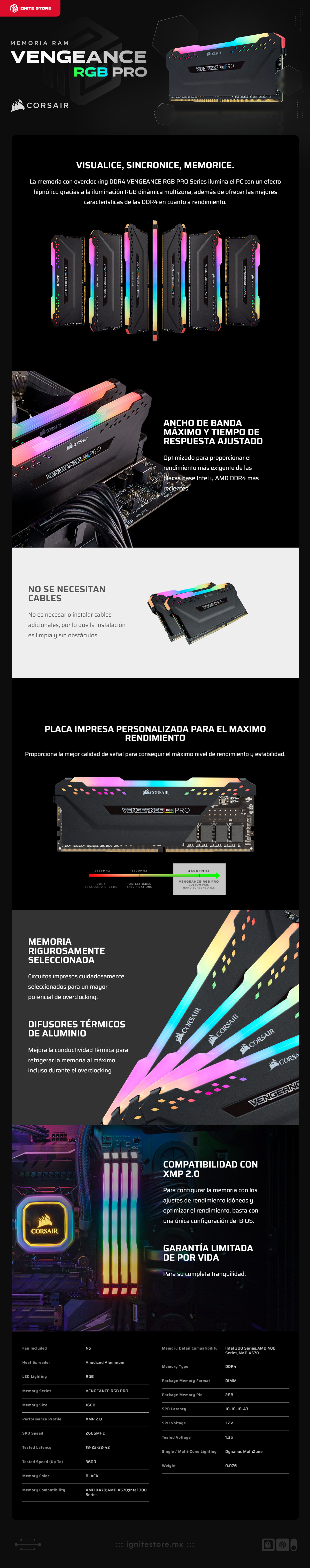 Memoria RAM DDR4 16GB | 3600Mhz | CL18 | Corsair Vengeance RGB PRO | CMW16GX4M1Z3600C18