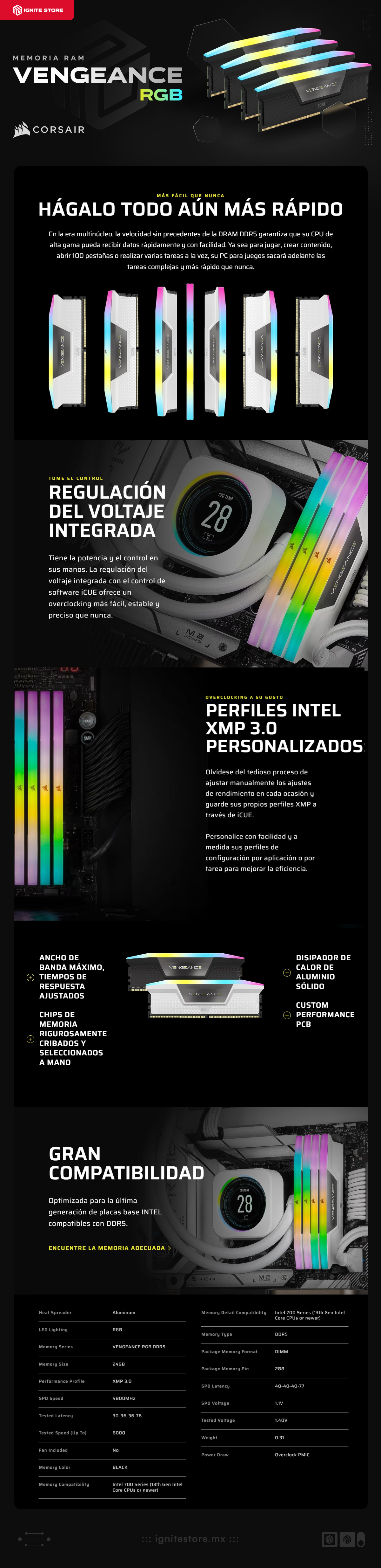 Kit de Memoria RAM DDR5 | 96GB ( 4 x 24GB ) | 6000MHz | CL30 | Corsair Vengeance RGB | CMH96GX5M4B6000C30