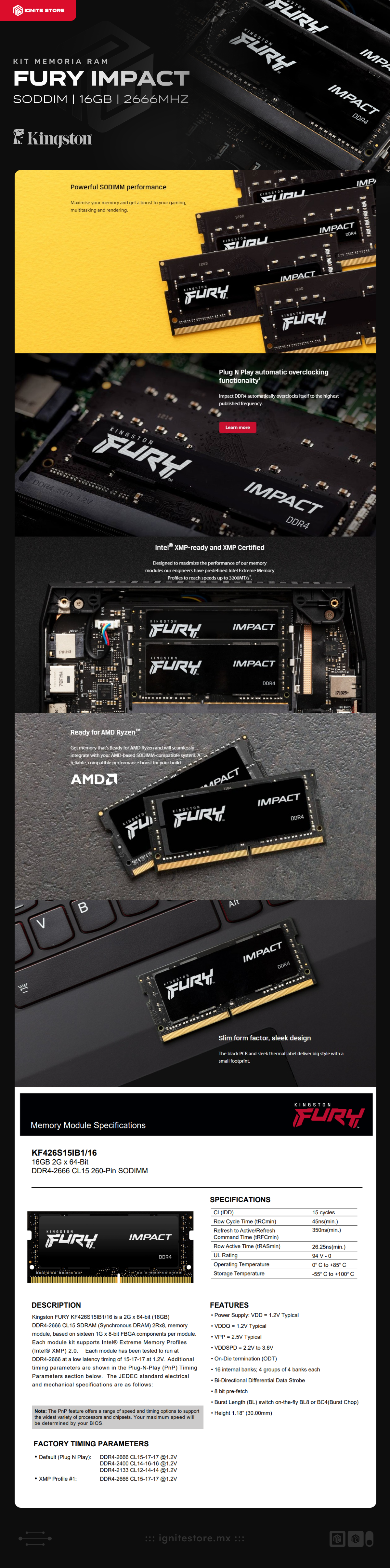 Memoria RAM SODIMM | DDR4 | 2666Mhz | 16GB | CL15 | Kingston Fury  Impact | KF426S15IB1/16