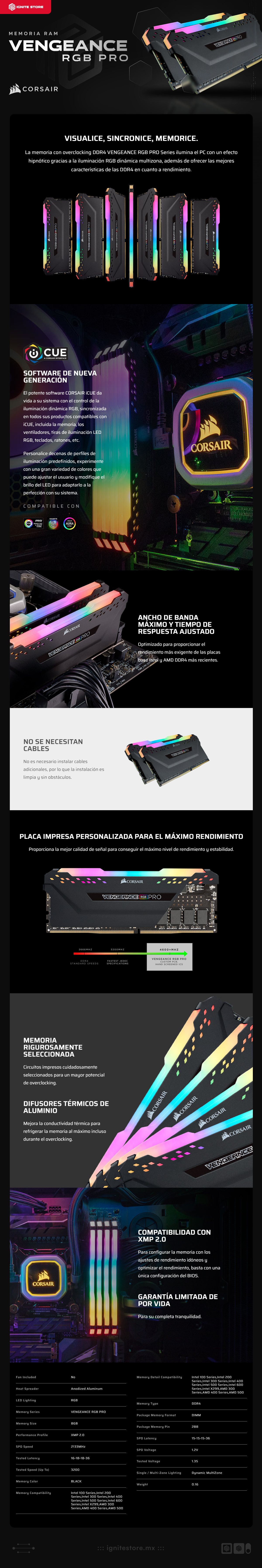 Kit Memoria RAM DDR4 16GB (2 x 8 GB)| 3200MHz  | CL16 | XMP | Corsair Vengance RGB PRO | CMW16GX4M2C3200C16