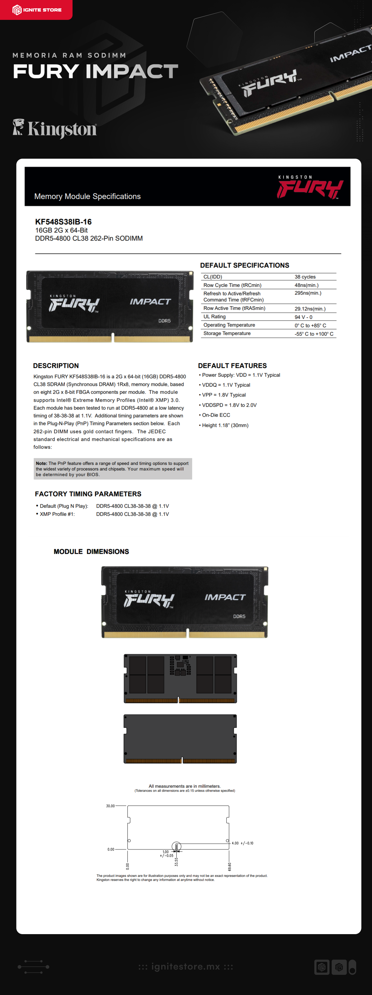 Memoria RAM SODIMM DDR5 | 16GB | 4800MT/s | CL38 | Color Negro | Kingston Fury Impact | KF548S38IB-16