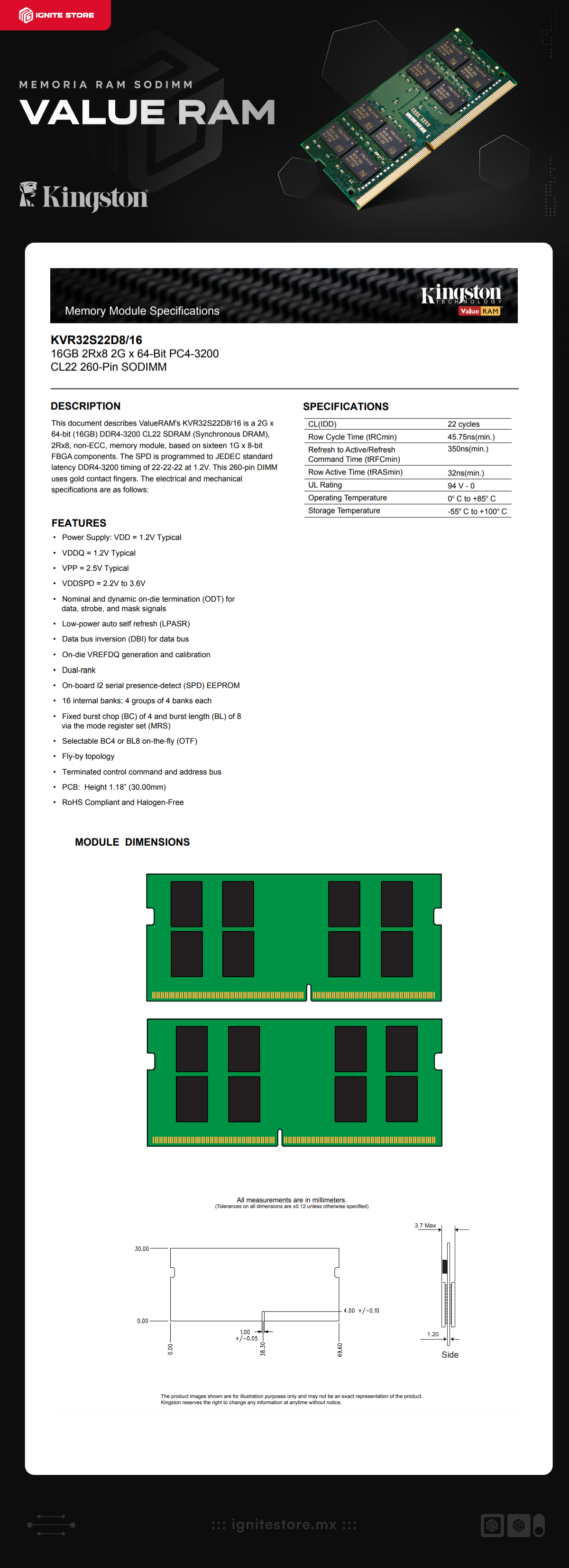 Memoria RAM SODIMM DDR4 | 16GB | 3200MT/s | CL22 | Kingston ValueRAM | KVR32S22D8/16