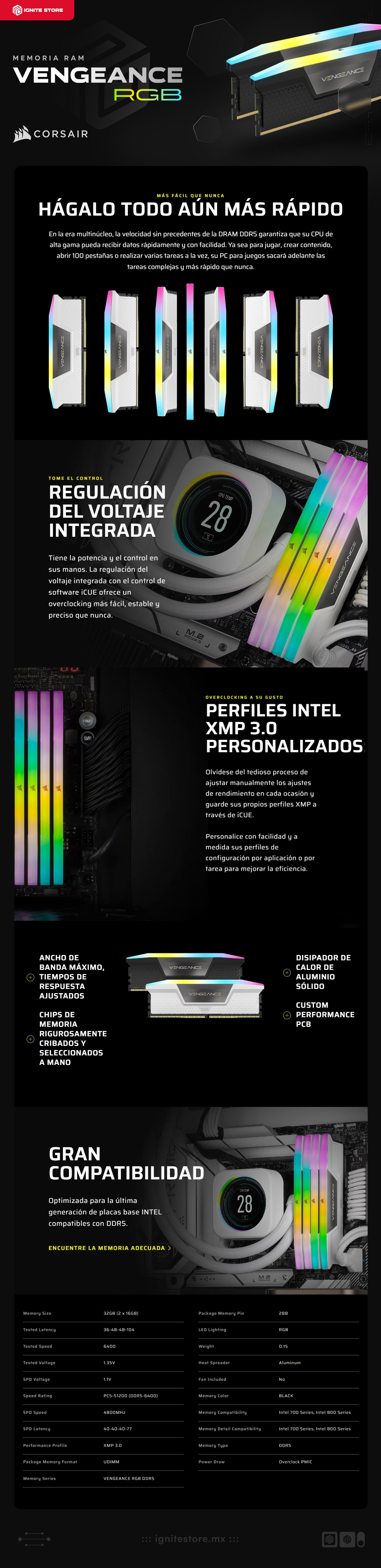 Memoria RAM Corsair Vengeance RGB | 32GB (2x16GB) | DDR5 | 6400MHz | CL36 | Negro | CMH32GX5M2B6400C36