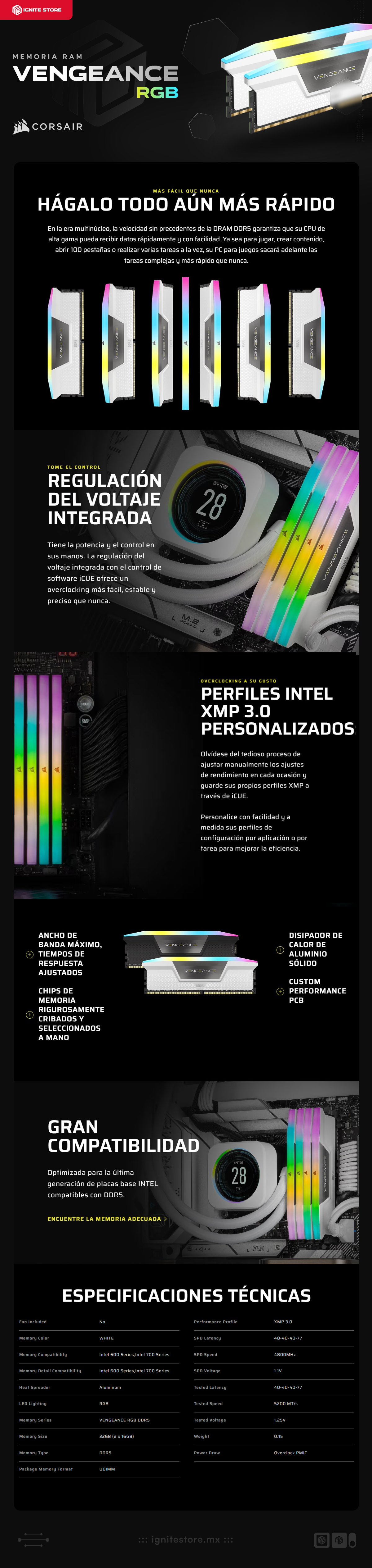 Kit de Memoria RAM Corsair Vengeance RGB | DDR5 | 32 GB (2x16 GB) | 5200MT/s | CL40 | Intel XMP | Color Blanco | CMH32GX5M2B5200C40W